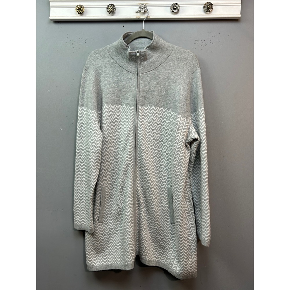 Aspen Cardigan Women 2X Grey Chevron Full Zip Mock Neck Longline Pockets Sweater